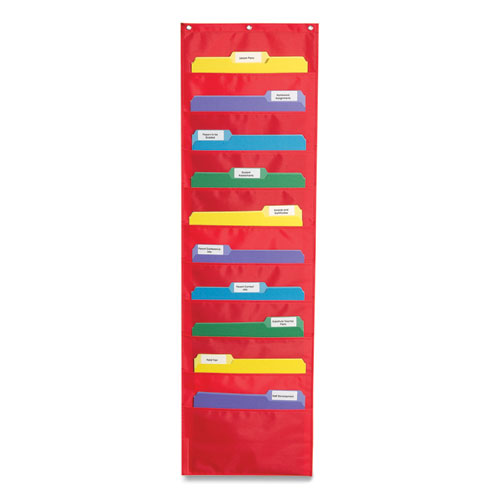 Storage Pocket Chart, 10 Pockets, Hanger Grommets, 14 x 47, Red