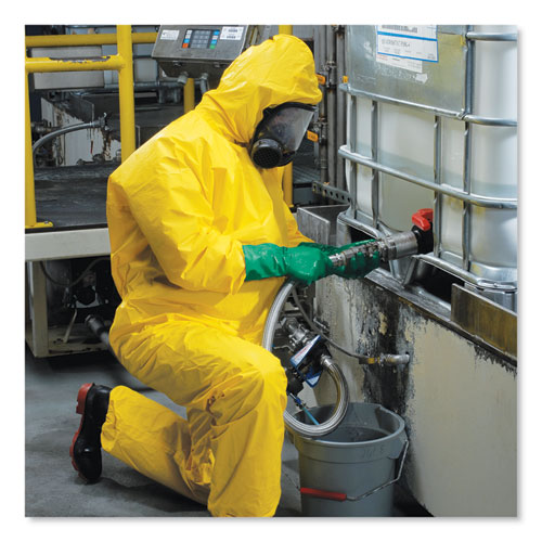 A70 Chemical Spray Protection Coveralls, Hooded, Storm Flap, Large, Yellow, 12/Carton