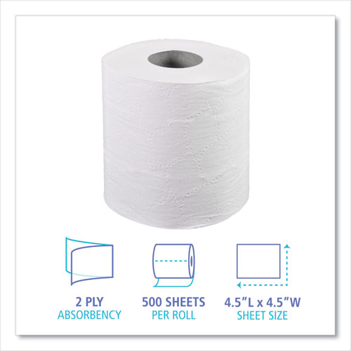 Two-Ply Toilet Tissue, Septic Safe, White, 4 1/2 x 4 1/2, 500 Sheets/Roll, 96 Rolls/Carton
