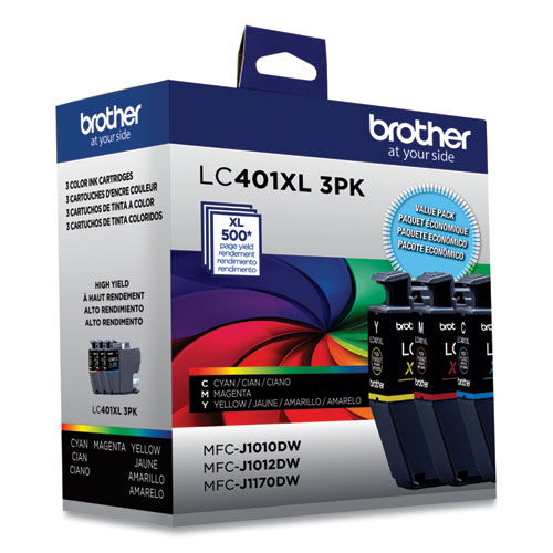 Image of Brother Lc401Xl3Pks High-Yield Ink, 500 Page-Yield, Cyan/Magenta/Yellow, 3/Pack
