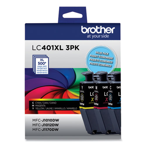 Image of Brother Lc401Xl3Pks High-Yield Ink, 500 Page-Yield, Cyan/Magenta/Yellow, 3/Pack
