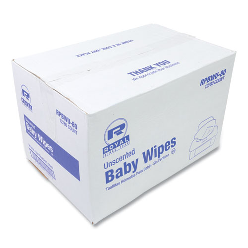 AmerCareRoyal® Baby Wipes Refill Pack, 8 x 7, Unscented, White, 80/Pack, 12 Packs/Carton