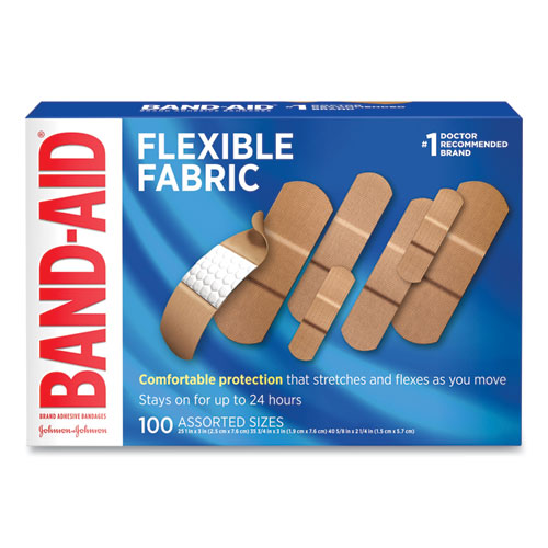 Band-Aid® Flexible Fabric Adhesive Bandages, Assorted, 100/Box