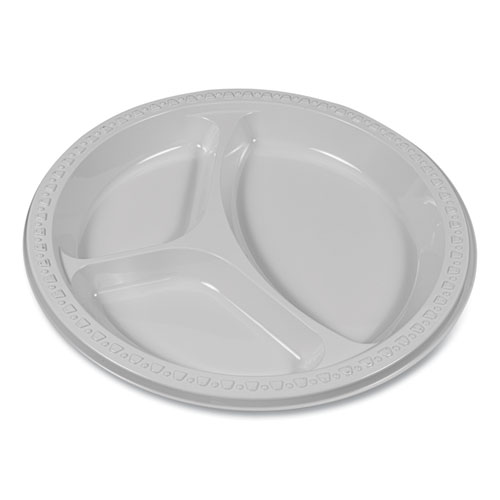 Image of Tablemate® Plastic Dinnerware, Compartment Plates, 9" Dia, White, 125/Pack