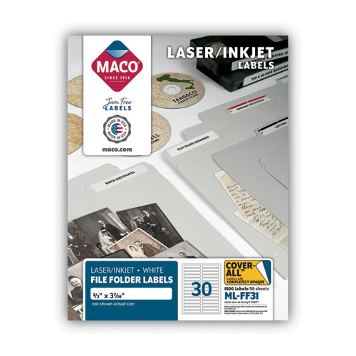 Maco® Cover-All Opaque File Folder Labels, Inkjet/Laser Printers, 0.66 X 3.44, White, 30 Labels/Sheet, 50 Sheets/Box