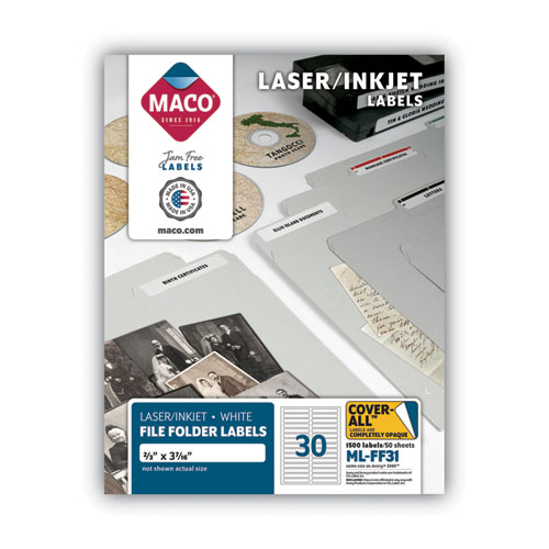 MACO® Cover-All Opaque File Folder Labels, Inkjet/Laser Printers, 0.66 x 3.44, White, 30 Labels/Sheet, 50 Sheets/Box