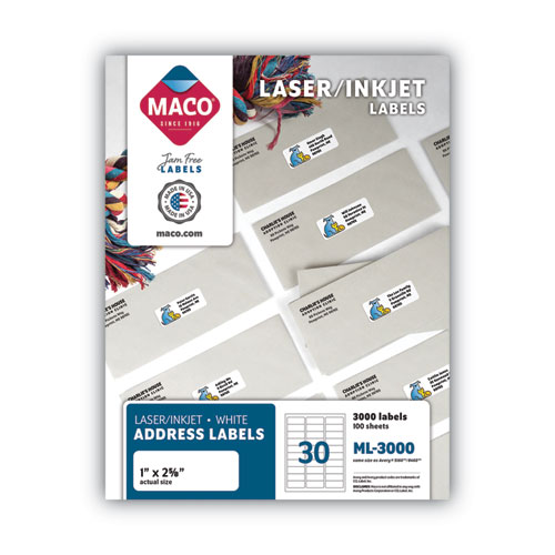 Maco® White Laser/Inkjet Shipping Address Labels, Inkjet/Laser Printers, 1 X 2.63, White, 30 Labels/Sheet, 100 Sheets/Box