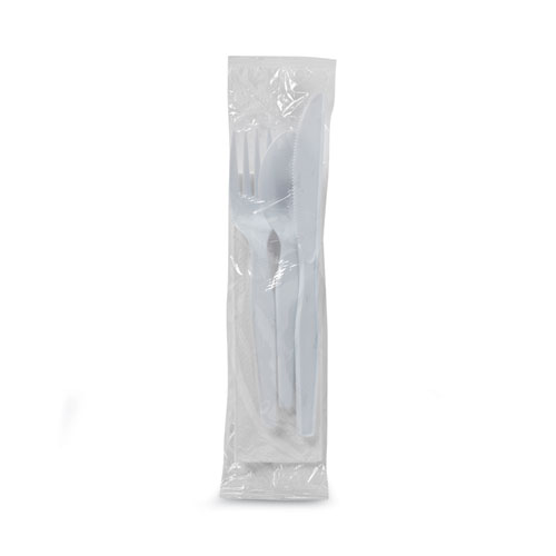 Image of Wrapped Tableware/Napkin Packets, Fork/Knife/Spoon/Napkin, White, 250/Carton