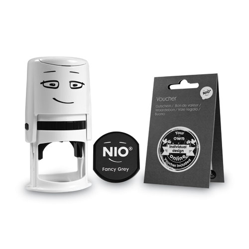 Image of Nio® Stamp With Voucher And Fancy Gray Ink Pad, Self-Inking, 1.56" Diameter