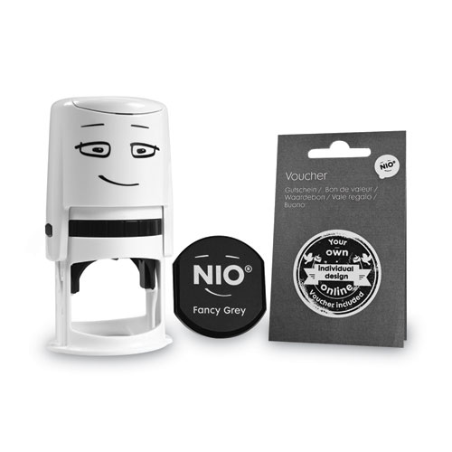 Image of Nio® Stamp With Voucher And Fancy Gray Ink Pad, Self-Inking, 1.56" Diameter