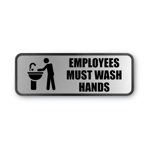 Brushed Metal Office Sign, Employees Must Wash Hands, 9 x 3, Silver