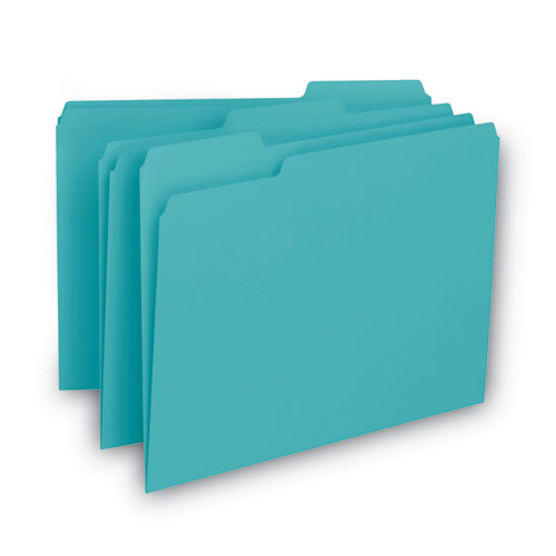 Interior File Folders, 1/3-Cut Tabs: Assorted, Letter Size, 0.75" Expansion, Aqua, 100/Box
