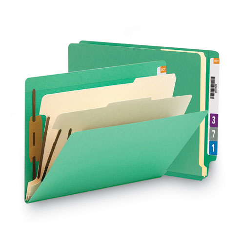 Colored End Tab Classification Folders with Dividers, 2" Expansion, 2 Dividers, 6 Fasteners, Letter Size, Green, 10/Box