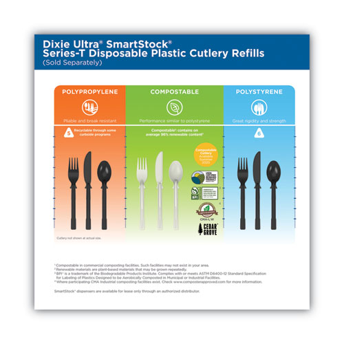 Image of SmartStock Tri-Tower Dispensing System Cutlery, Teaspoons, Mediumweight, Polypropylene, Black, 40/Pack, 24 Packs/Carton