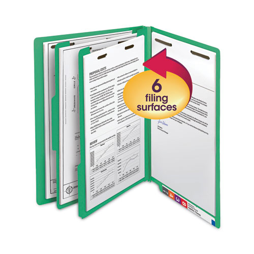 Colored End Tab Classification Folders with Dividers, 2" Expansion, 2 Dividers, 6 Fasteners, Letter Size, Green, 10/Box