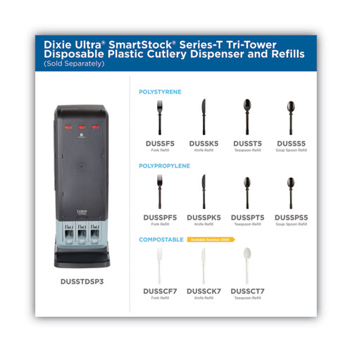Image of SmartStock Tri-Tower Dispensing System Cutlery, Teaspoons, Mediumweight, Polystyrene, Black, 40/Cartridge, 24 Cartridges/CT