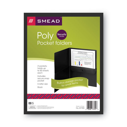 Image of Smead™ Poly Two-Pocket Folder With Snap Closure Security Pocket, 100-Sheet Capacity, 11 X 8.5, Black, 5/Pack