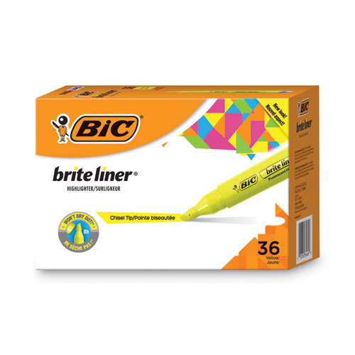 Image of Bic® Brite Liner Tank-Style Highlighter Value Pack, Yellow Ink, Chisel Tip, Yellow/Black Barrel, 36/Pack