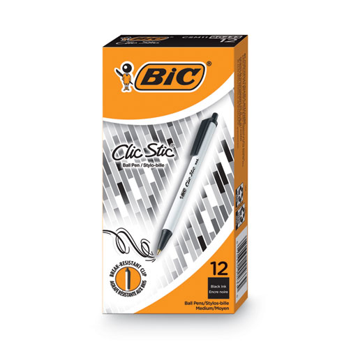 Clic+Stic+Ballpoint+Pen%2C+Retractable%2C+Medium+1+mm%2C+Black+Ink%2C+White+Barrel%2C+Dozen