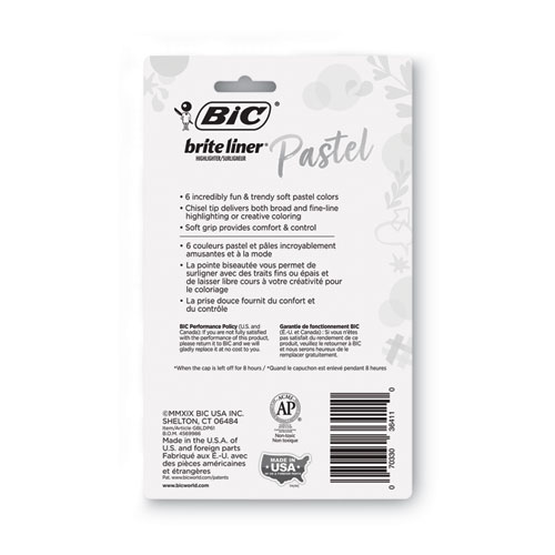 Image of Bic® Brite Liner Grip Pocket Highlighter, Assorted Ink Colors, Chisel Tip, Assorted Barrel Colors, 6/Pack