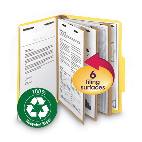Image of Smead™ Recycled Pressboard Classification Folders, 2" Expansion, 2 Dividers, 6 Fasteners, Letter Size, Yellow Exterior, 10/Box
