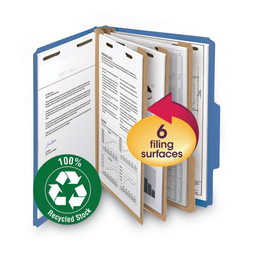 Image of Smead™ Recycled Pressboard Classification Folders, 2" Expansion, 2 Dividers, 6 Fasteners, Letter Size, Dark Blue, 10/Box
