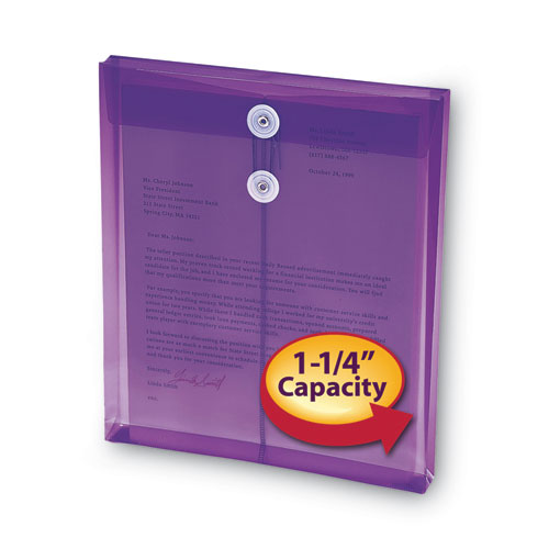 Poly String and Button Interoffice Envelopes, Open-End (Vertical), 9.75 x 11.63, Transparent Purple, 5/Pack