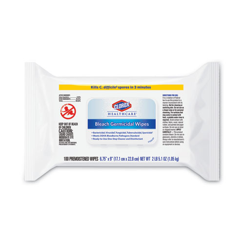 Bleach Germicidal Wipes, 6.75 x 9, Unscented, 100 Wipes/Flat Pack, 6/Pack