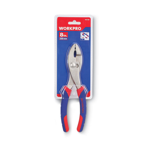 Slip Joint Pliers, 8" Long, Ni-Fe-Coated Drop-Forged Carbon Steel, Blue/Red Soft-Grip Handle