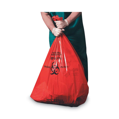 Heritage Healthcare Pre-Printed High-Density Can Liners, Infectious Waste: Biohazard, 30-33 gal, 0.55 mil, 33 x 40, Red, 250/Carton