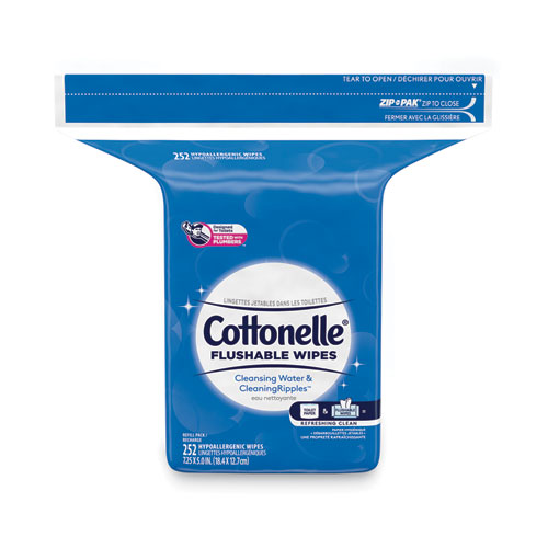 Cottonelle® Flushable Wet Wipes, Zip Pack Refill, White, 5 x 7.25, 252/Pack