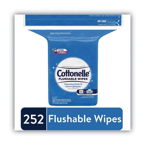 Image of Cottonelle® Flushable Wet Wipes, Zip Pack Refill, White, 5 X 7.25, 252/Pack