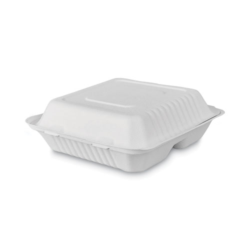 Tree-Free Farm to Paper Agricultural Waste Clamshell Container, 3-Compartment 8 x 8 x 3, White Sugarcane, 50/Pack, 6 Packs/CT