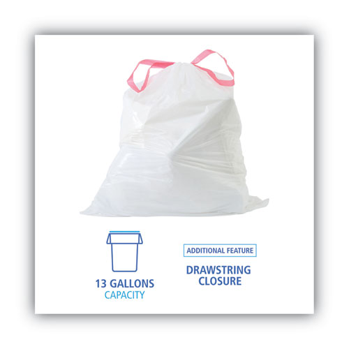 Image of Boardwalk® Drawstring Kitchen Bags, 13 Gal, 0.8 Mil, White, 50 Bags/Roll, 2 Rolls/Carton