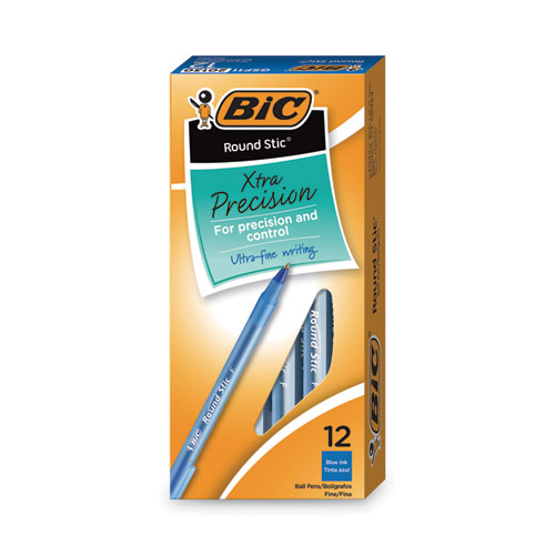 BIC® Round Stic Xtra Precision Ballpoint Pen, Stick, Fine 0.8 mm, Blue Ink, Translucent Blue Barrel, Dozen