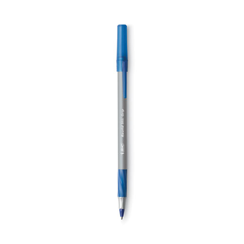 Image of Bic® Round Stic Grip Xtra Comfort Ballpoint Pen, Stick, Fine 0.8 Mm, Blue Ink, Gray/Blue Barrel, Dozen