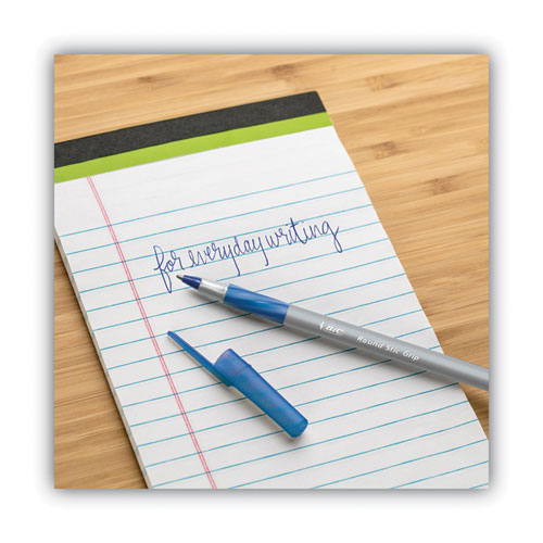 Image of Bic® Round Stic Grip Xtra Comfort Ballpoint Pen, Stick, Fine 0.8 Mm, Blue Ink, Gray/Blue Barrel, Dozen
