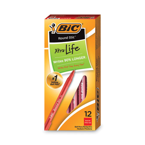 Round+Stic+Xtra+Life+Ballpoint+Pen%2C+Stick%2C+Medium+1+mm%2C+Red+Ink%2C+Translucent+Red+Barrel%2C+Dozen