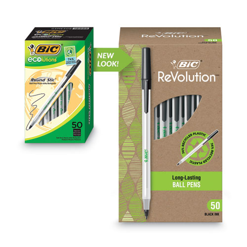 Image of Bic® Ecolutions Round Stic Ballpoint Pen Value Pack, Stick, Medium 1 Mm, Black Ink, Clear Barrel, 50/Pack