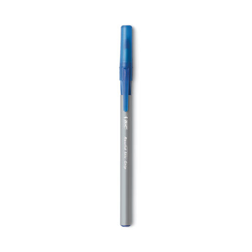 Image of Bic® Round Stic Grip Xtra Comfort Ballpoint Pen, Easy-Glide, Stick, Medium 1.2 Mm, Blue Ink, Gray/Blue Barrel, Dozen