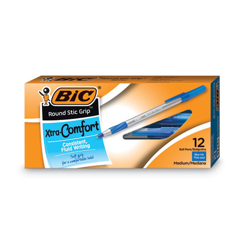 BIC® Round Stic Grip Xtra Comfort Ballpoint Pen, Easy-Glide, Stick, Medium 1.2 mm, Blue Ink, Gray/Blue Barrel, Dozen