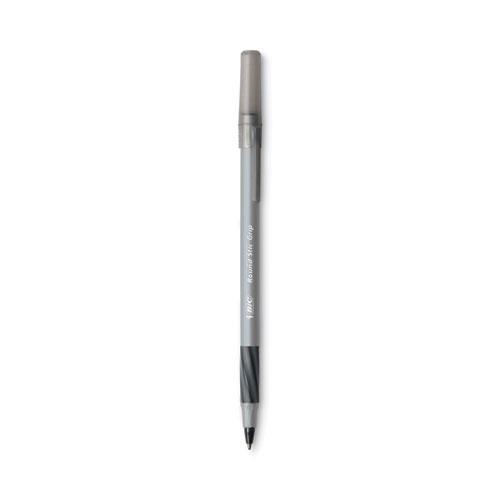 Image of Bic® Round Stic Grip Xtra Comfort Ballpoint Pen, Easy-Glide, Stick, Medium 1.2 Mm, Black Ink, Gray/Black Barrel, Dozen