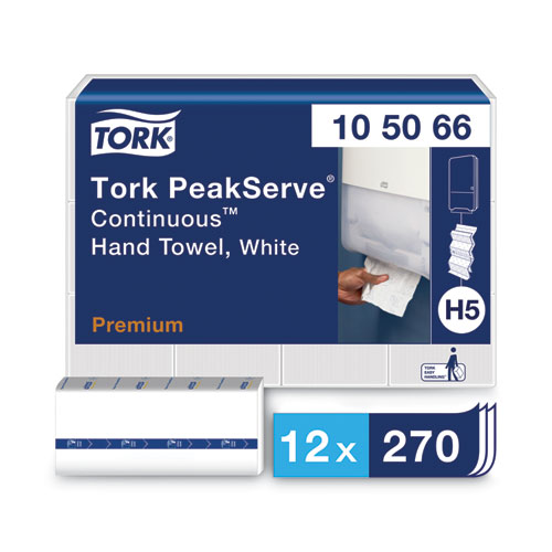 Image of Tork® Peakserve Continuous Hand Towel, 1-Ply, 7.91 X 8.85, White, 270 Wipes/Pack, 12 Packs/Carton