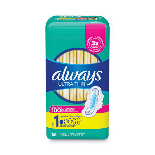 Always® Ultra Thin Pads with Wings, Size 2, Long, Super Absorbent, 32/Pack