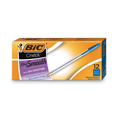 Image of Bic® Cristal Xtra Smooth Ballpoint Pen, Stick, Medium 1 Mm, Blue Ink, Clear Barrel, Dozen