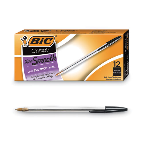 Image of Bic® Cristal Xtra Smooth Ballpoint Pen, Stick, Medium 1 Mm, Black Ink, Clear Barrel, Dozen