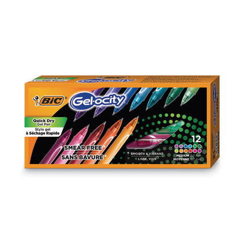 Bic® Gel-Ocity Quick Dry Gel Pen, Retractable, Fine 0.7 Mm, 12 Assorted Ink And Barrel Colors, Dozen
