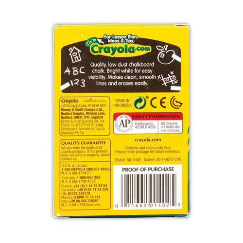 Image of Crayola® Nontoxic Anti-Dust Chalk, 3" X 0.31" Diameter, White, 12 Sticks/Box