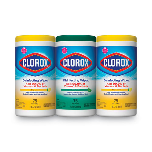 Clorox® Disinfecting Wipes, 1-Ply, 7 x 8, Fresh Scent/Citrus Blend, White, 75/Canister, 3 Canisters/Pack