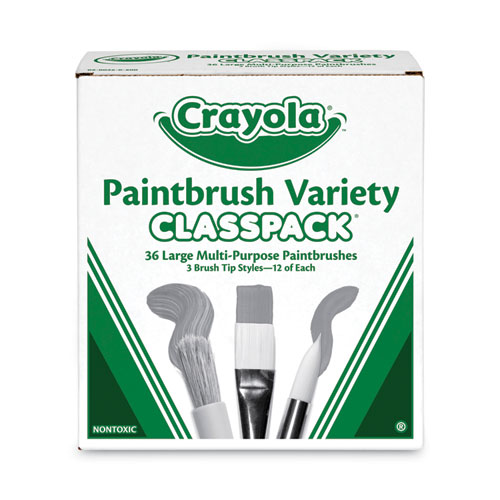 Image of Crayola® Large Variety Paint Brush Classpack, Natural; Nylon Bristles, Flat; Round Profiles, 36/Set